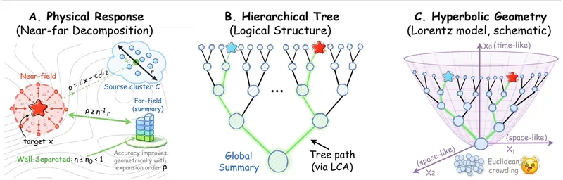 HNO teaser: near/far-field decomposition, hierarchical tree, and its embedding on a Lorentz hyperboloid