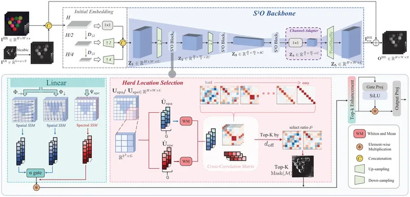 S3O architecture: multi-scale embedding, S3O backbone, and the hard location selection block